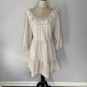 J. Crew Beige and White Gingham Midi Dress